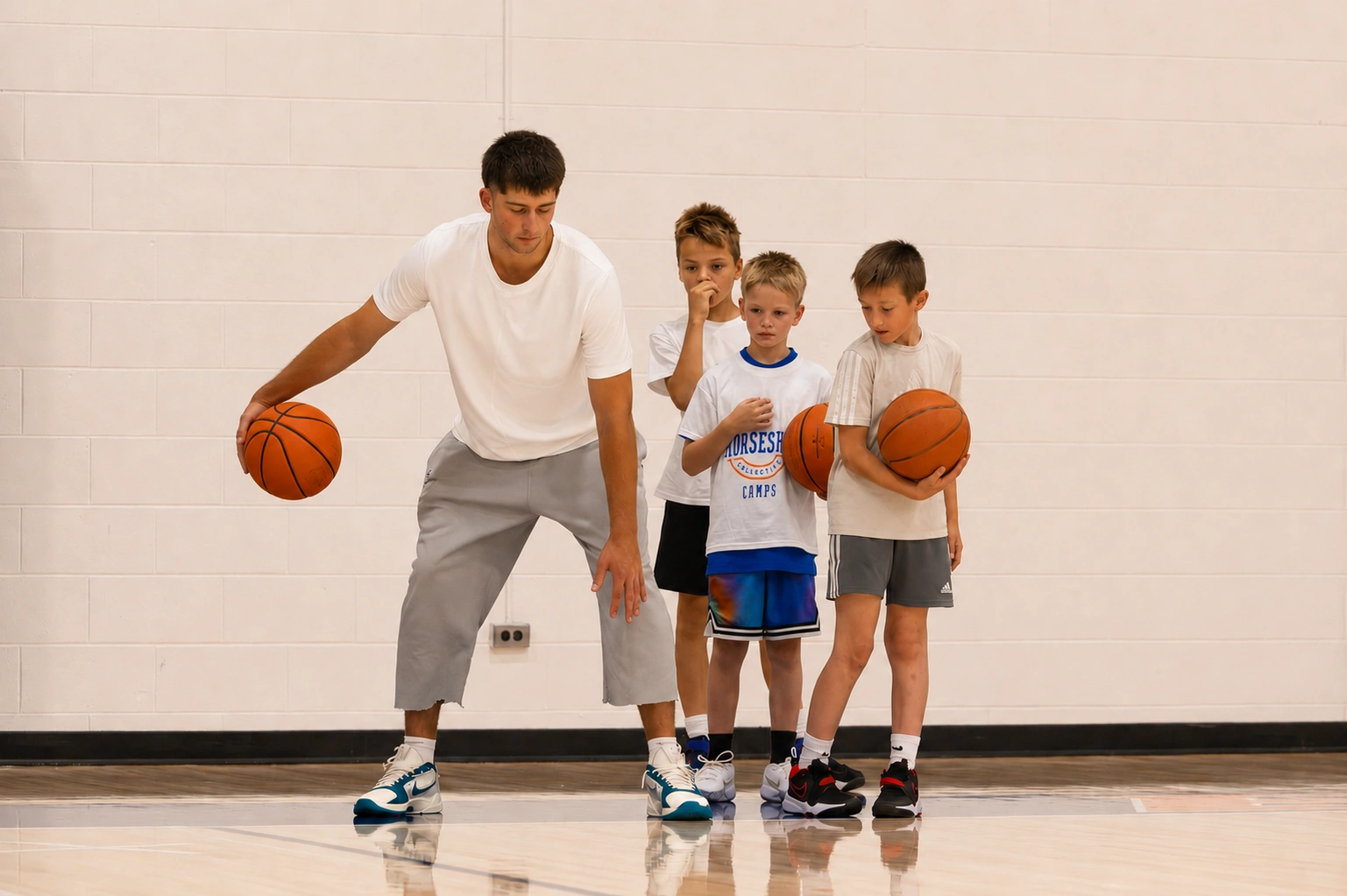 Boise State player coaching a camper at a past basketball camp