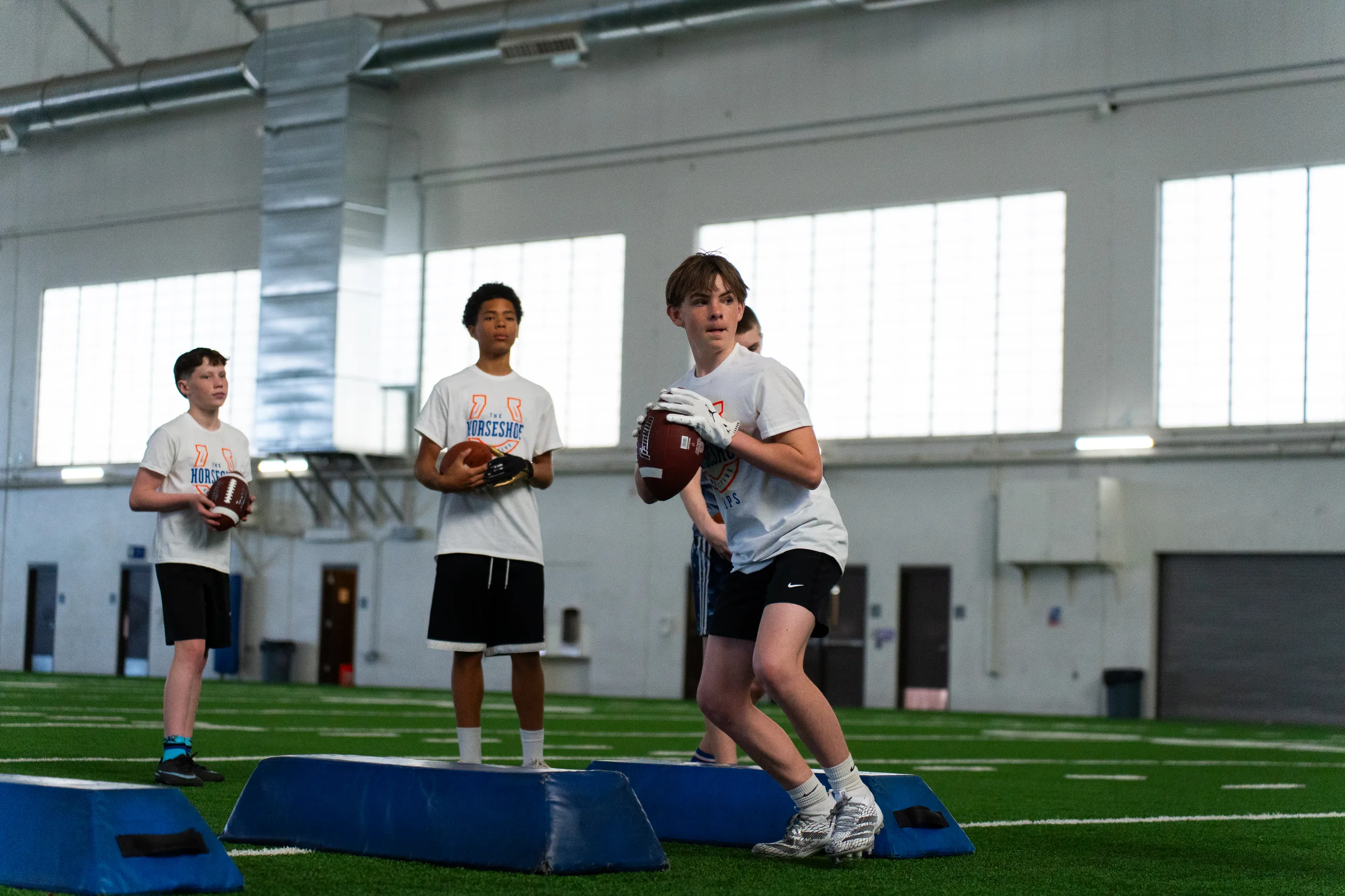 Position drills at a past Horseshoe football camp with Boise State players