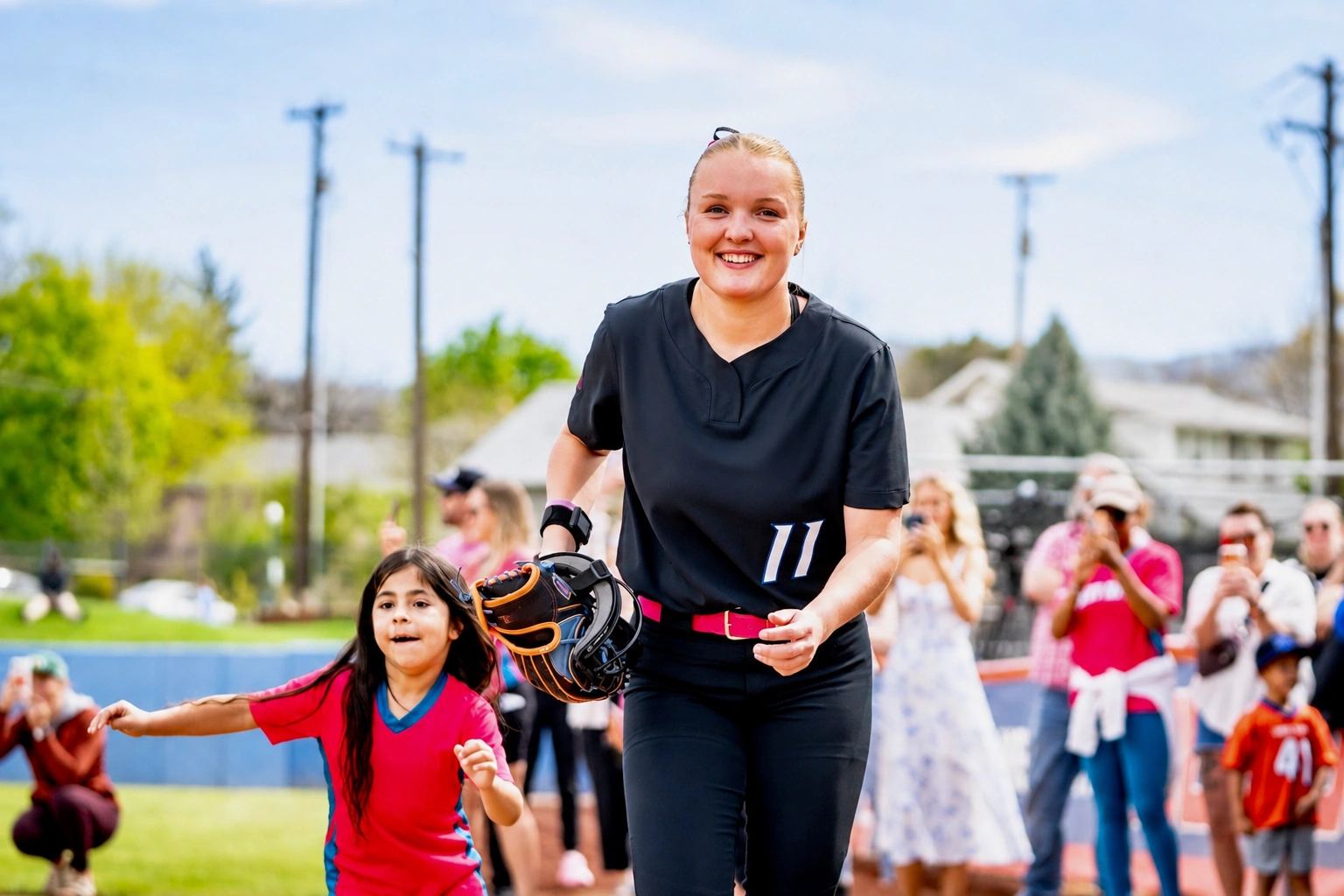 Loula-Rae McNamara of Boise State Softball walking off the field with a young fan